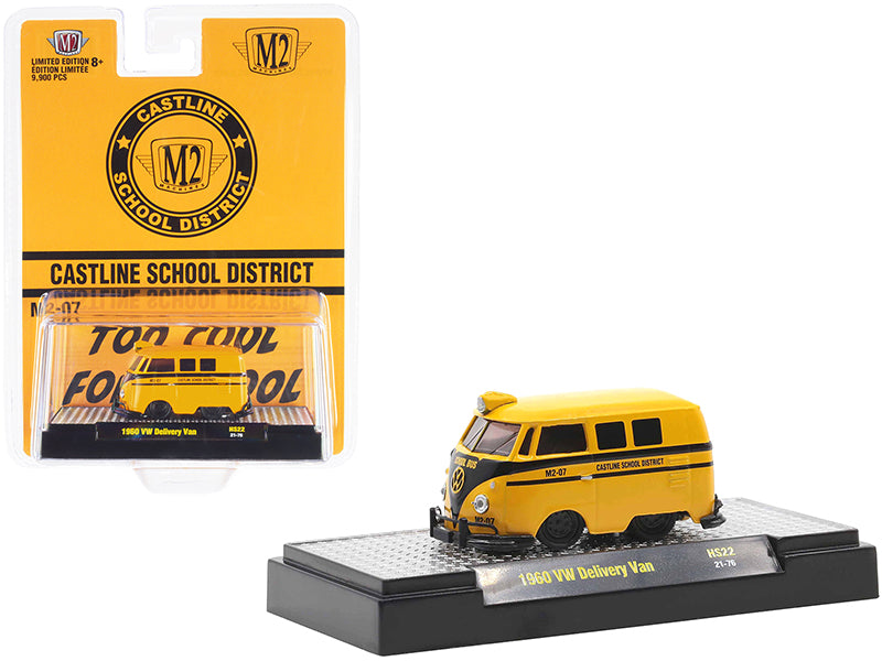 1960 Volkswagen Delivery Van School Bus Yellow with Black Stripes "Castline School District" Limited Edition to 9900 pieces Worldwide 1/64 Diecast Model Car by M2 Machines