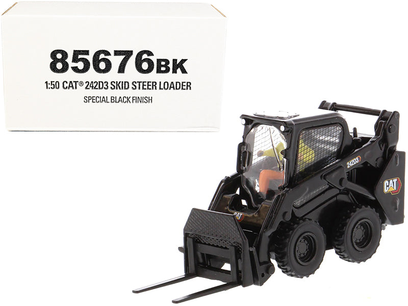 CAT Caterpillar 242D3 Wheeled Skid Steer Loader with Work Tools and Operator Special Black Paint "High Line Series" 1/50 Diecast Model by Diecast Masters