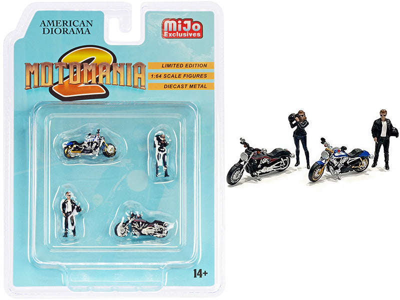 "Motomania 2" 4 piece Diecast Set (2 Figurines and 2 Motorcycles) for 1/64 Scale Models by American Diorama