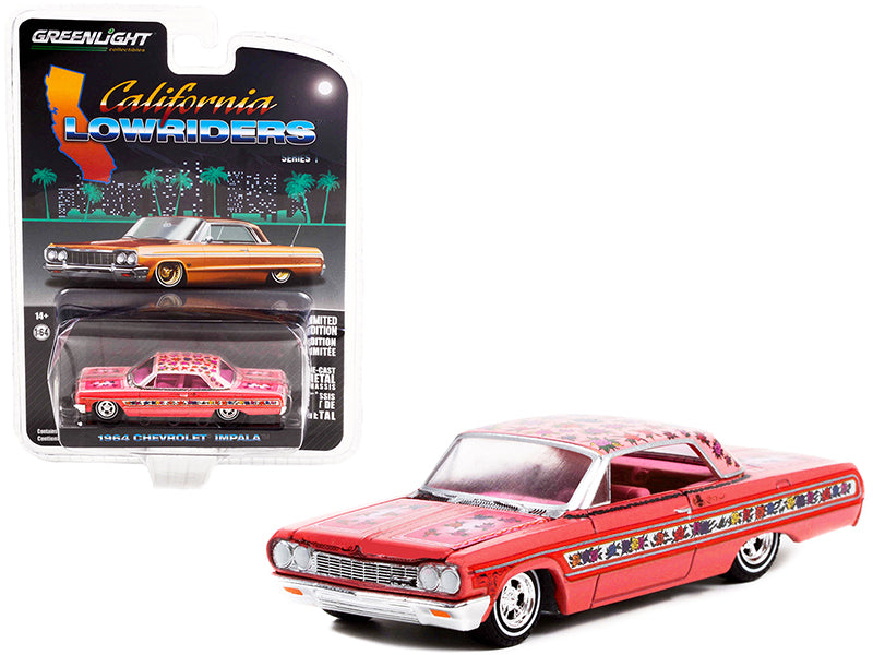 1964 Chevrolet Impala Lowrider Pink Metallic with Rose Graphics and Pink Interior "California Lowriders" Release 1 1/64 Diecast Model Car by Greenlight