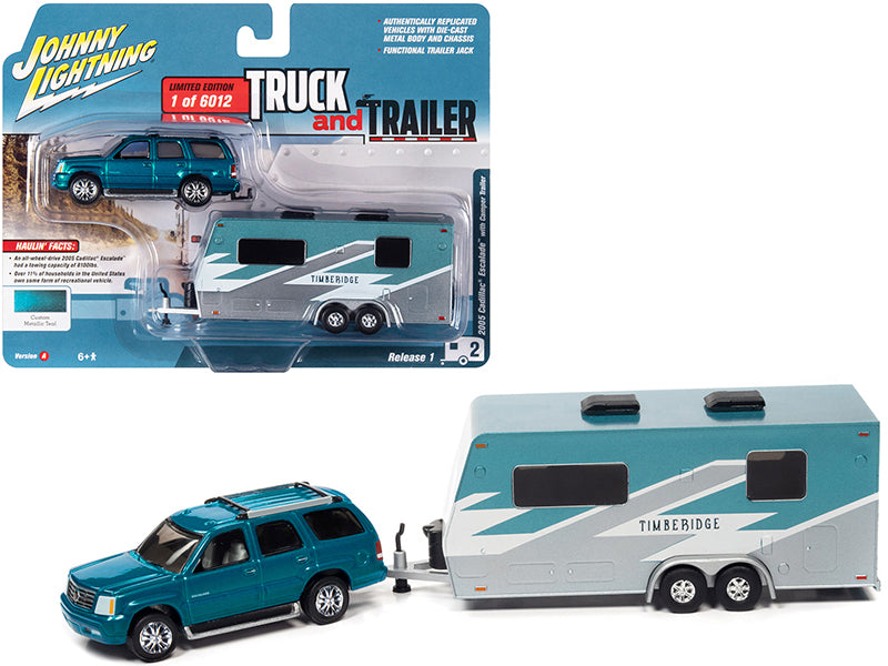 2005 Cadillac Escalade Teal Metallic with Camper Trailer Limited Edition to 6012 pieces Worldwide "Truck and Trailer" Series 1/64 Diecast Model Car by Johnny Lightning