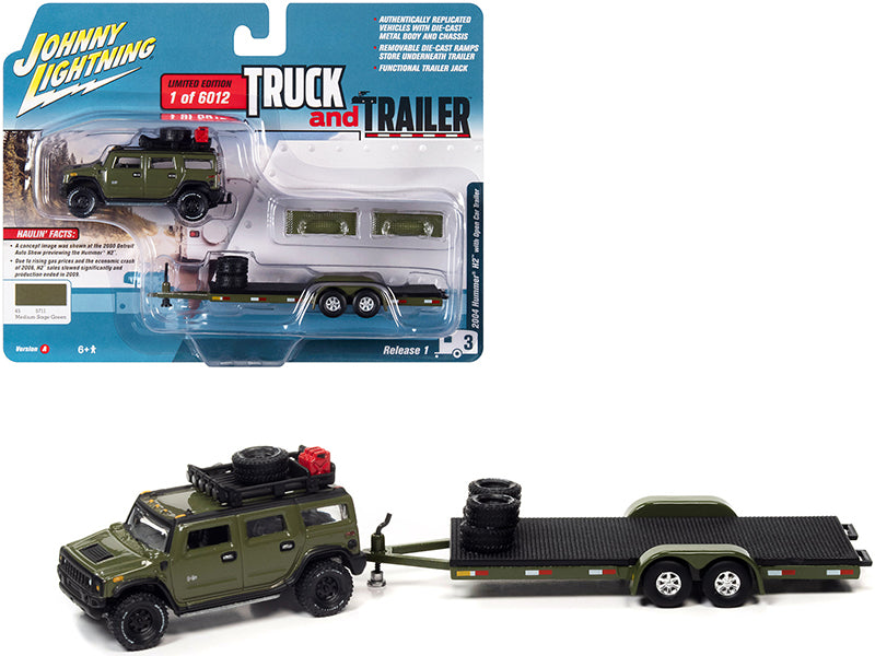 2004 Hummer H2 Medium Sage Green with Open Trailer Limited Edition to 6012 pieces Worldwide "Truck and Trailer" Series 1/64 Diecast Model Car by Johnny Lightning