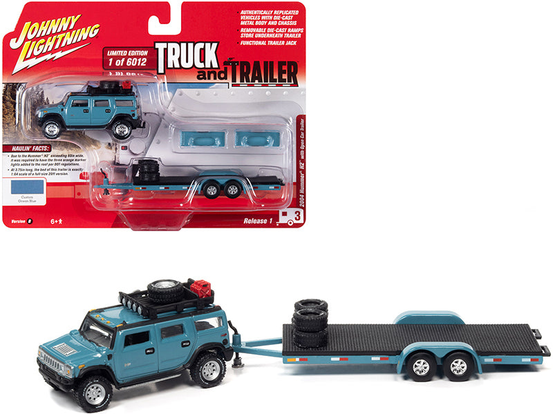 2004 Hummer H2 Ocean Blue with Open Trailer Limited Edition to 6012 pieces Worldwide "Truck and Trailer" Series 1/64 Diecast Model Car by Johnny Lightning