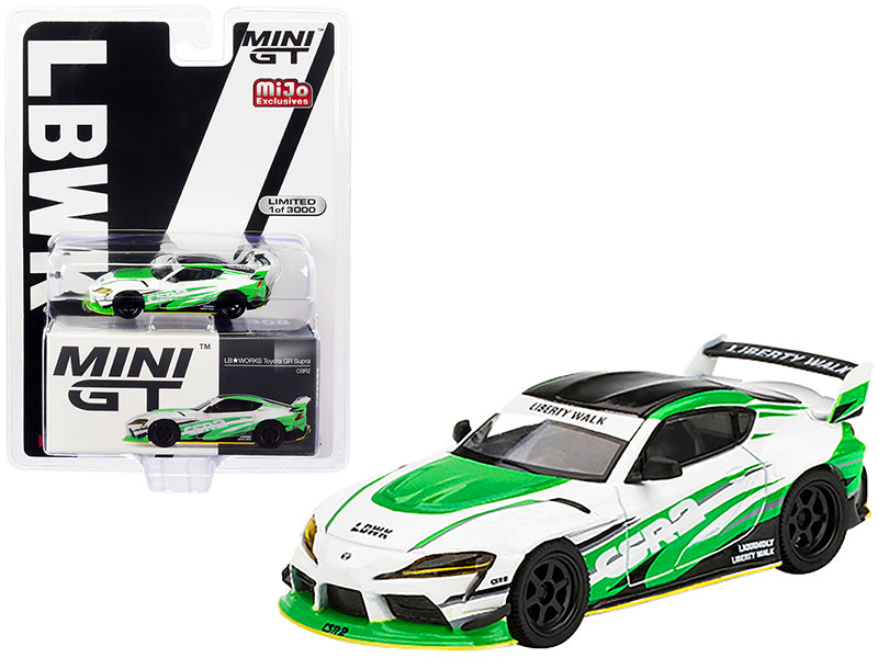 Toyota GR Supra CSR2 LB WORKS RHD (Right Hand Drive) White and Bright Green with Black Top Limited Edition to 3000 pieces Worldwide 1/64 Diecast Model Car by True Scale Miniatures