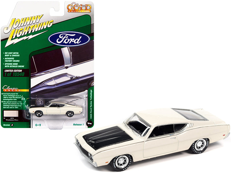1969 Ford Torino Talladega Wimbledon White with Matt Black Hood "Classic Gold Collection" Series Limited Edition to 10548 pieces Worldwide 1/64 Diecast Model Car by Johnny Lightning