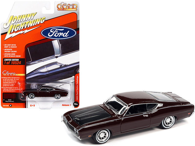 1969 Ford Torino Talladega Royal Maroon with Matt Black Hood "Classic Gold Collection" Series Limited Edition to 10524 pieces Worldwide 1/64 Diecast Model Car by Johnny Lightning