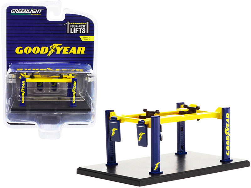 Adjustable Four-Post Lift "Goodyear Tires" Blue and Yellow "Four-Post Lifts" Series 3 1/64 Diecast Model by Greenlight