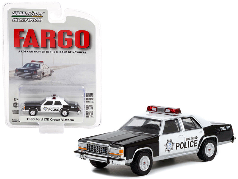 1986 Ford LTD Crown Victoria White and Black "Brainerd Police" (Minnesota) "Fargo" (1996) Movie "Hollywood Series" Release 35 1/64 Diecast Model Car by Greenlight
