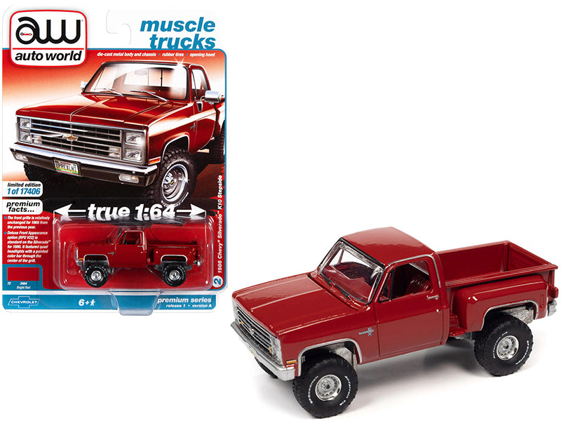 1986 Chevrolet Silverado K10 Stepside Pickup Truck Bright Red with Red Interior "Muscle Trucks" Limited Edition to 17406 pieces Worldwide 1/64 Diecast Model Car by Auto World