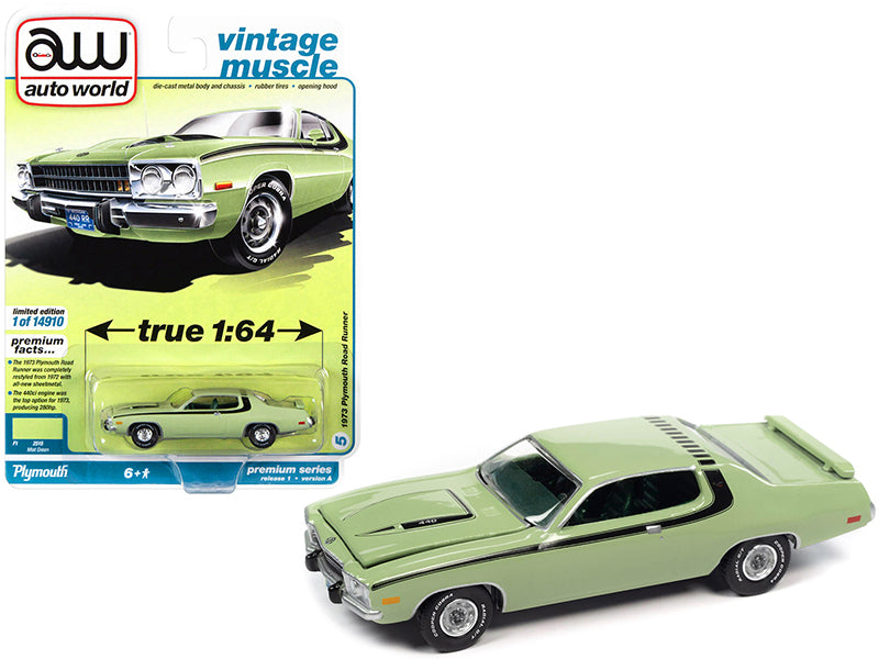 1973 Plymouth Road Runner 440 Mist Green with Black Stripes and Green Interior "Vintage Muscle" Limited Edition to 14910 pieces Worldwide 1/64 Diecast Model Car by Auto World