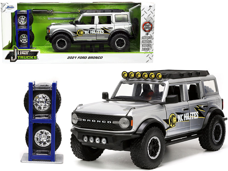 2021 Ford Bronco Gray Metallic "KC HiLiTES" with Extra Wheels "Just Trucks" Series 1/24 Diecast Model Car by Jada