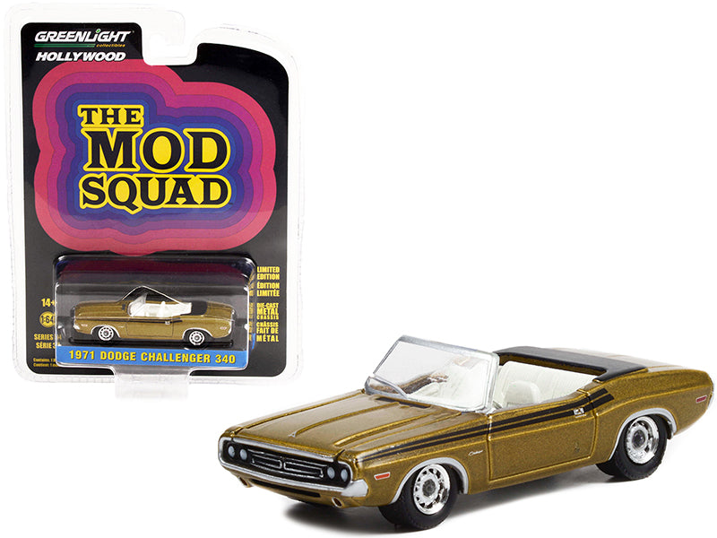 1971 Dodge Challenger 340 Convertible Gold Metallic with Black Stripes "The Mod Squad" (1968-1973) TV Series "Hollywood Series" Release 34 1/64 Diecast Model Car by Greenlight