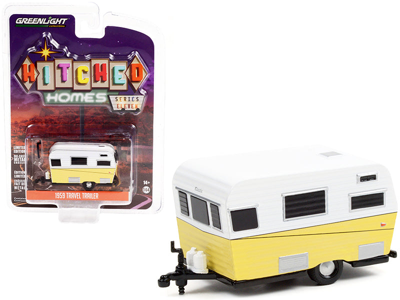 1959 Siesta Travel Trailer White and Yellow "Hitched Homes" Series 11 1/64 Diecast Model by Greenlight