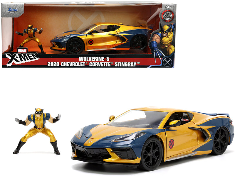 2020 Chevrolet Corvette C8 Stingray Gold Metallic and Dark Blue and Wolverine Diecast Figurine "X-Men" "Marvel" Series "Hollywood Rides" 1/24 Diecast Model Car by Jada