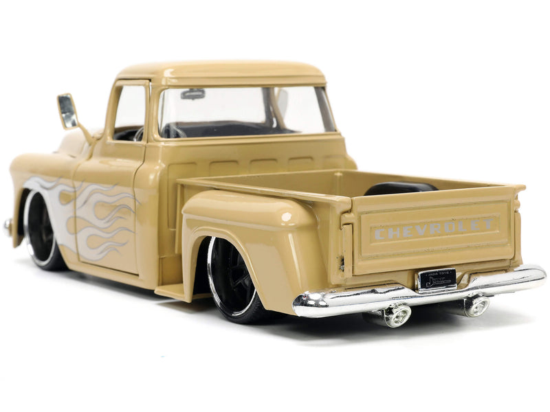 1955 Chevrolet Stepside Pickup Truck Tan with White and Silver Flames with Extra Wheels "Just Trucks" Series 1/24 Diecast Model Car by Jada