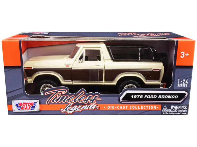 1978 Ford Bronco Ranger XLT with Spare Tire Cream and Brown with Black Camper Shell "Timeless Legends" Series 1/24 Diecast Model Car by Motormax