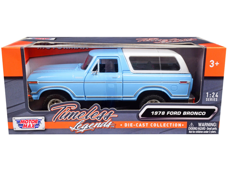 1978 Ford Bronco Custom Light Blue and White "Timeless Legends" Series 1/24 Diecast Model Car by Motormax