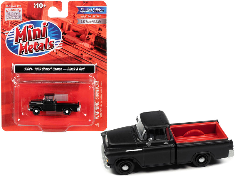 1955 Chevrolet Cameo Pickup Truck Matt Black and Red 1/87 (HO) Scale Model Car by Classic Metal Works