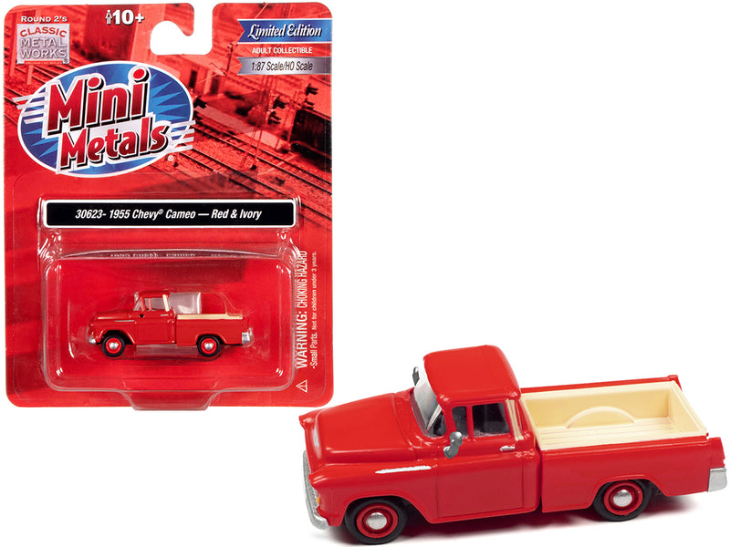 1955 Chevrolet Cameo Pickup Truck Red and Ivory 1/87 (HO) Scale Model Car by Classic Metal Works