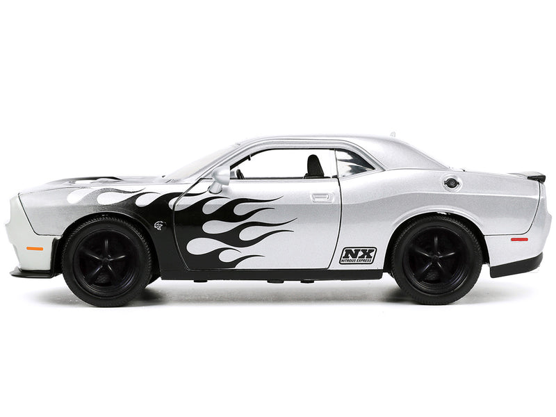2015 Dodge Challenger SRT Hellcat Silver Metallic with Flames "Nitrous Express" "Bigtime Muscle" Series 1/24 Diecast Model Car by Jada