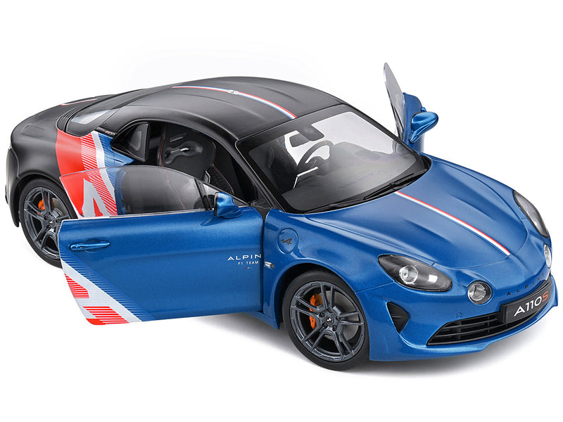 2021 Alpine A110S "F1 Team" Blue Metallic and Matt Black with Stripes and Graphics "Trackside Edition" "Competition" Series 1/18 Diecast Model Car by Solido