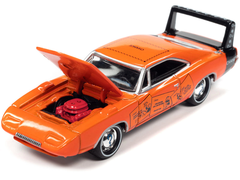 1969 Dodge Charger Daytona "Chance" Orange with Black Tail Stripe and Graphics with Game Token "Monopoly" "Pop Culture" 2022 Release 1 1/64 Diecast Model Car by Johnny Lightning