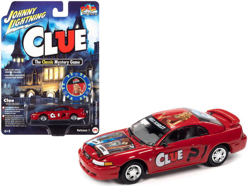 2000 Ford Mustang "Miss Scarlet" Red with Graphics with Poker Chip (Collector Token) "Modern Clue" "Pop Culture" 2022 Release 1 1/64 Diecast Model Car by Johnny Lightning