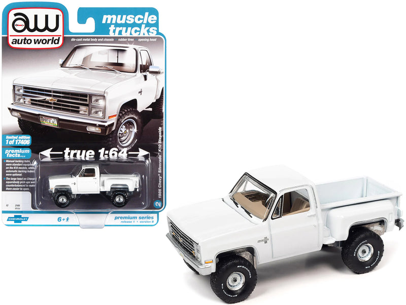 1986 Chevrolet Silverado K10 Stepside Pickup Truck White "Muscle Trucks" Limited Edition to 17406 pieces Worldwide 1/64 Diecast Model Car by Auto World