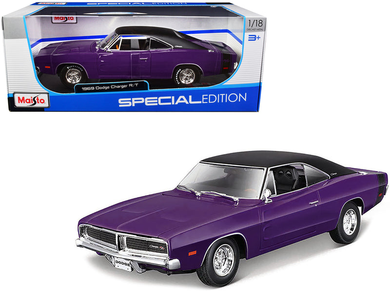 1969 Dodge Charger R/T Purple with Matt Black Top and Black Tail Stripe "Special Edition" 1/18 Diecast Model Car by Maisto