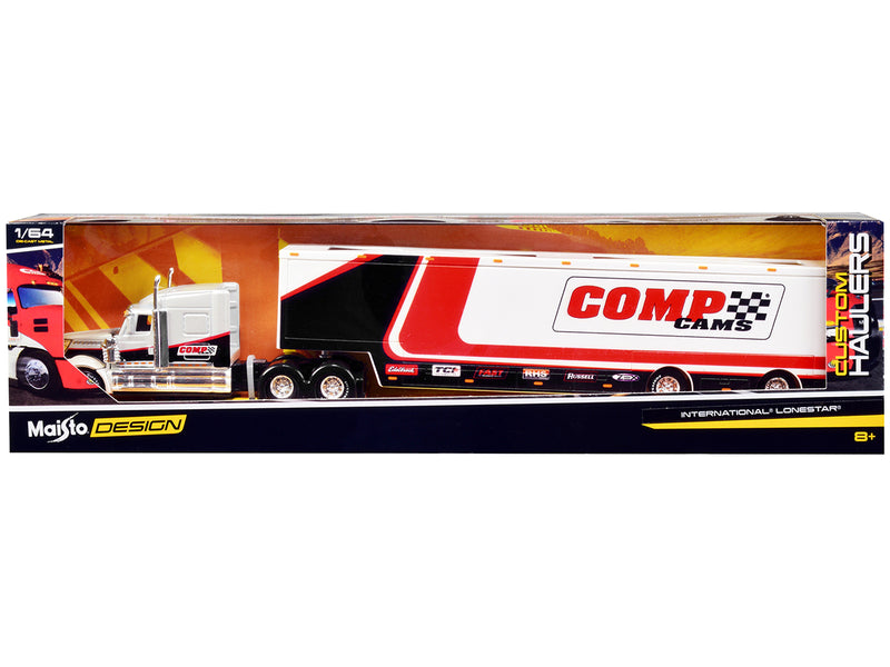 International LoneStar Enclosed Car Transporter "Comp Cams" White and Black with Stripes "Custom Haulers" Series 1/64 Diecast Model by Maisto