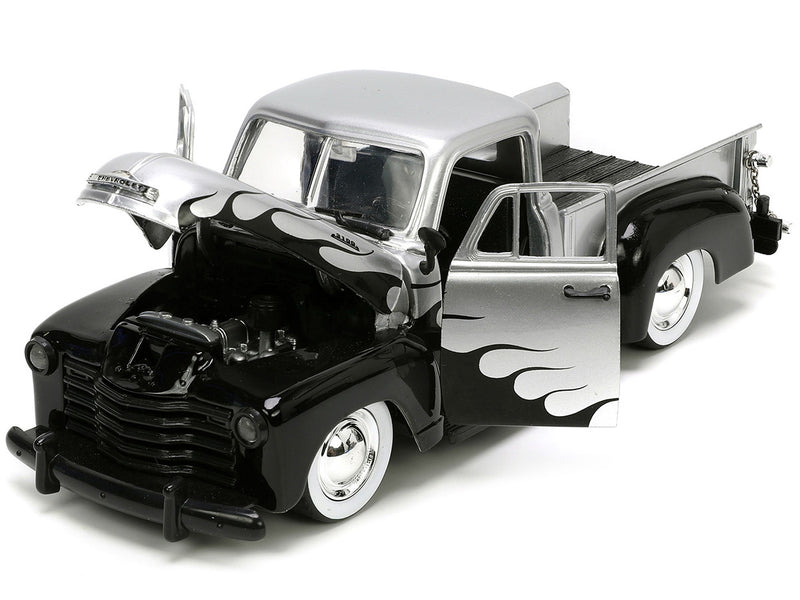 1953 Chevrolet 3100 Pickup Truck Silver Metallic with Black Flames with Extra Wheels "Just Trucks" Series 1/24 Diecast Model Car by Jada