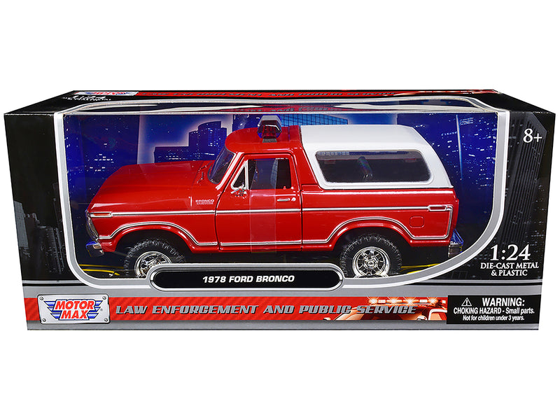 1978 Ford Bronco Fire Department Unmarked Red "Law Enforcement and Public Service" Series 1/24 Diecast Model Car by Motormax