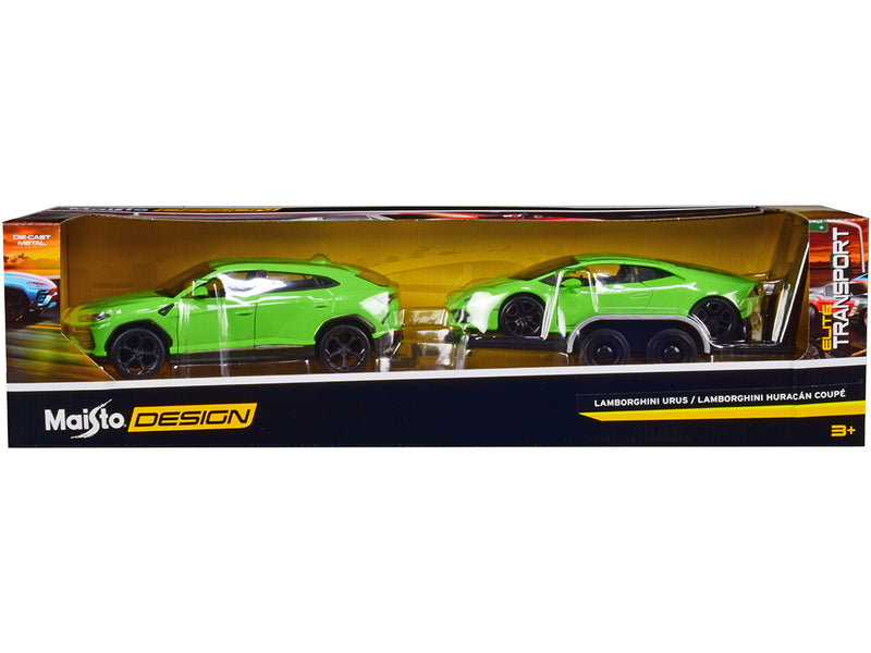 Lamborghini Urus Green with Lamborghini Huracan Coupe Green and Flatbed Trailer Set of 3 pieces "Elite Transport" Series 1/24 Diecast Model Cars by Maisto