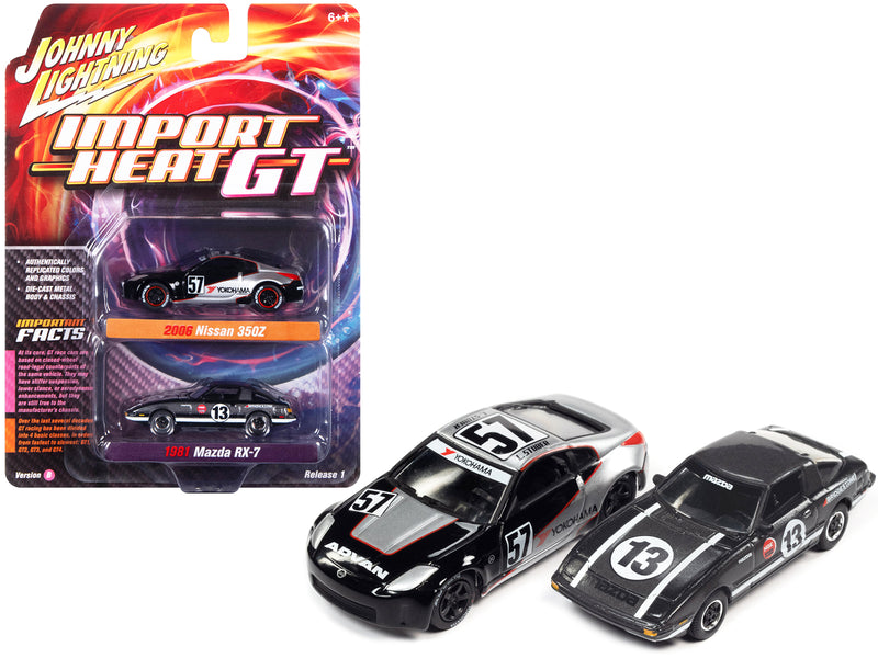 2006 Nissan 350Z #57 Black and Silver with Graphics and 1981 Mazda RX-7 #13 Dark Silver with Stripes "Import Heat GT" Set of 2 Cars 1/64 Diecast Model Cars by Johnny Lightning