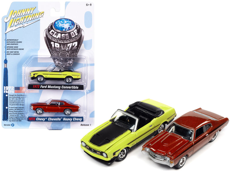 1972 Ford Mustang Convertible Bright Lime Green with Black Hood and Stripes and 1972 Chevrolet Chevelle SS Heavy Chevy Orange Flame Metallic with Black Stripes "Class of 1972" Set of 2 Cars 1/64 Diecast Model Cars by Johnny Lightning
