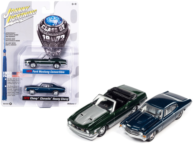 1972 Ford Mustang Convertible Dark Green Metallic with Silver Hood and Stripes and 1972 Chevrolet Chevelle SS Heavy Chevy Fathom Blue Metallic with White Stripes "Class of 1972" Set of 2 Cars 1/64 Diecast Model Cars by Johnny Lightning