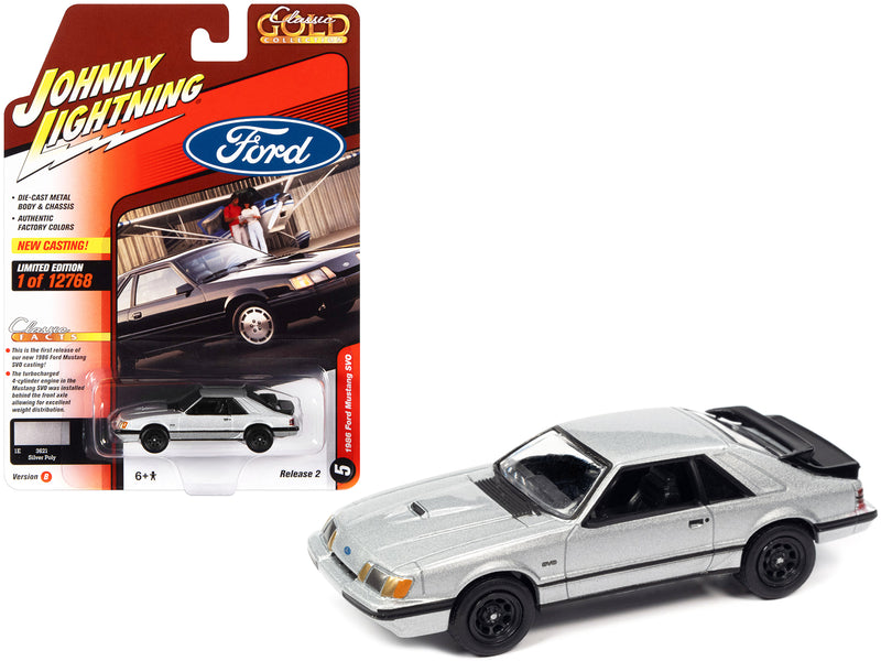 1986 Ford Mustang SVO Silver Metallic with Black Stripes "Classic Gold Collection" Series Limited Edition to 12768 pieces Worldwide 1/64 Diecast Model Car by Johnny Lightning