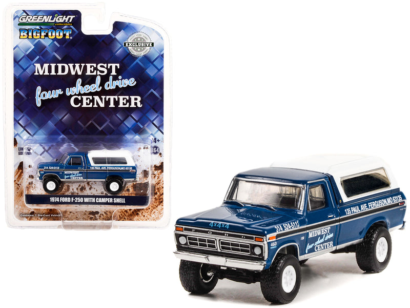 1974 Ford F-250 Pickup Truck with Camper Shell Blue Metallic with Black Stripes "Bigfoot - Midwest Four Wheel Drive Center" "Hobby Exclusive" 1/64 Diecast Model Car by Greenlight