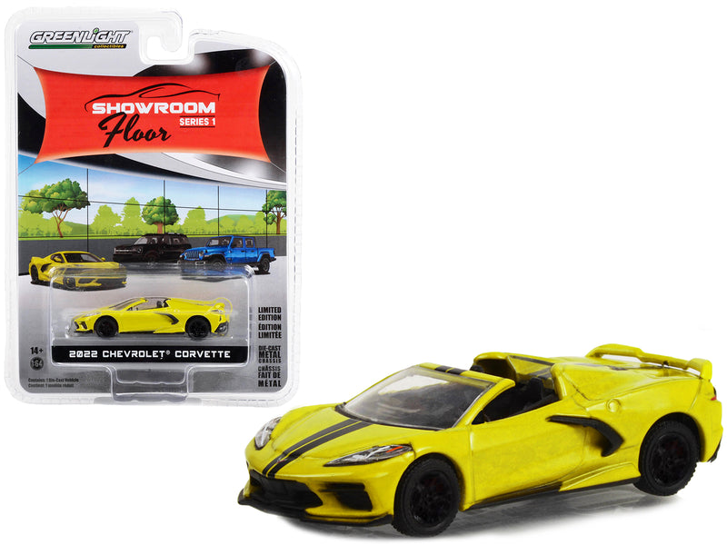 2022 Chevrolet Corvette C8 Convertible Accelerate Yellow Metallic with Black Stripes "Showroom Floor" Series 1 1/64 Diecast Model Car by Greenlight