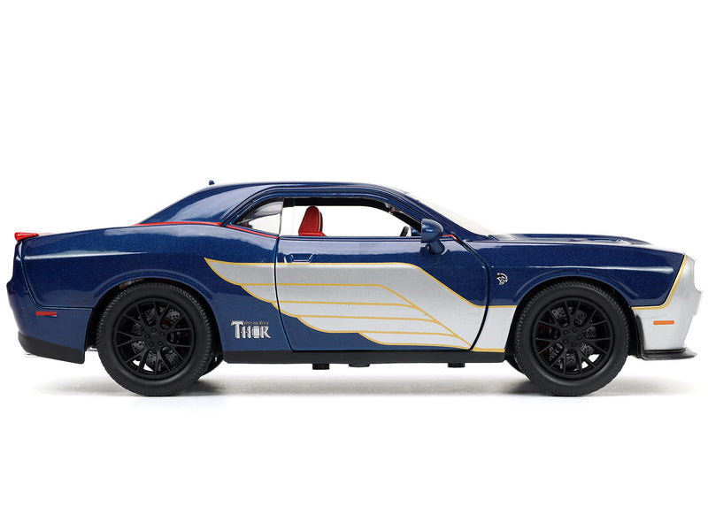 2015 Dodge Challenger SRT Hellcat Dark Blue with Graphics and Red Interior and Thor Diecast Figure "The Mighty Thor" "Marvel" Series 1/24 Diecast Model Car by Jada