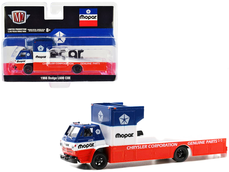 1966 Dodge L600 COE Ramp Truck Red and White with Blue Top "MOPAR" Limited Edition to 8250 pieces Worldwide 1/64 Diecast Model by M2 Machines