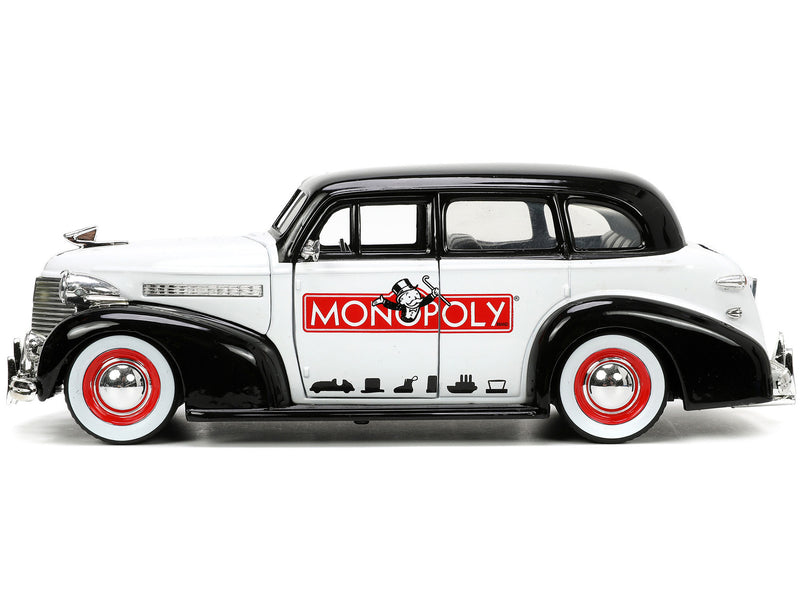 1939 Chevrolet Master Deluxe Black and White "Monopoly" and Mr. Monopoly Diecast Figure "Hollywood Rides" Series 1/24 Diecast Model Car by Jada