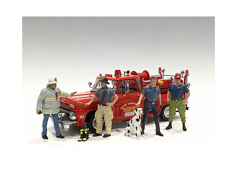 "Firefighters" 6 piece Figure Set (4 Males 1 Dog 1 Accessory) for 1/18 Scale Models by American Diorama