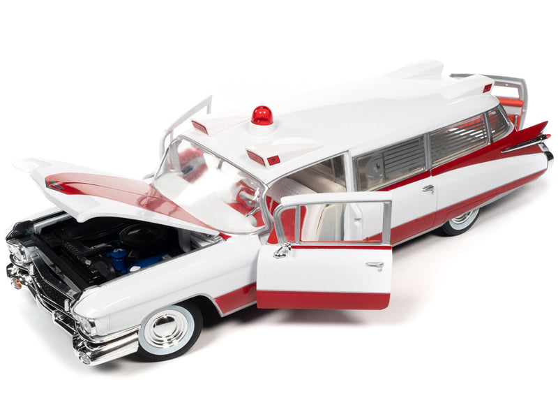 1959 Cadillac Eldorado Ambulance Red and White 1/18 Diecast Model by Auto World