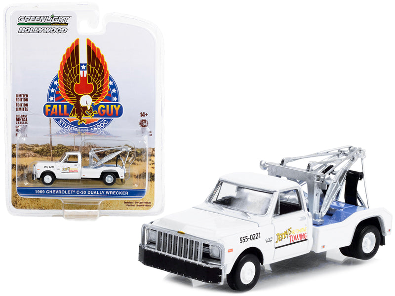 1969 Chevrolet C-30 Dually Wrecker Tow Truck White "Jerry’s Towing" "Fall Guy Stuntman Association" Hollywood Special Edition 1/64 Diecast Model Car by Greenlight
