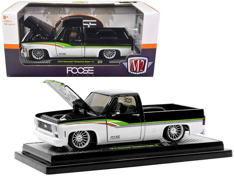 1973 Chevrolet Cheyenne Super 10 Pickup Truck Black and Bright White with Stripes "FOOSE Design" Limited Edition to 6550 pieces Worldwide 1/24 Diecast Model Car by M2 Machines