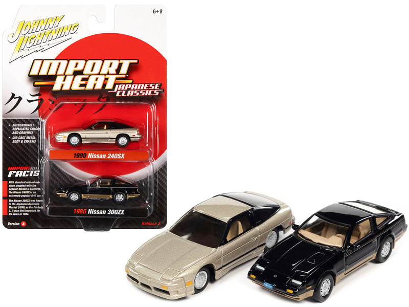 1985 Nissan 300ZX Thunder Black Body with Gold Trim and 1990 Nissan 240SX Champagne Gold Pearl with Black Stripes "Import Heat" Series Set of 2 Cars 1/64 Diecast Model Cars by Johnny Lightning