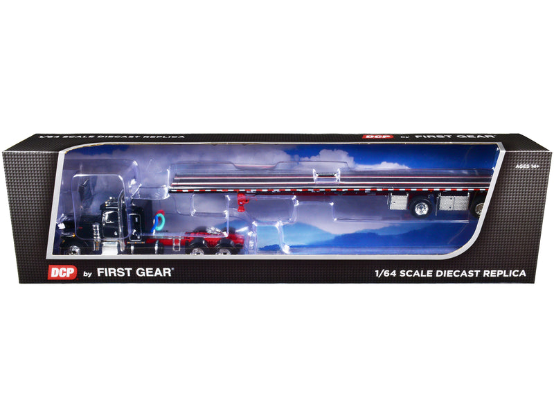 Peterbilt 359 36" Flat Top Sleeper and Wilson Roadbrute Spread-Axle Flatbed Trailer Black and Red 1/64 Diecast Model by DCP/First Gear