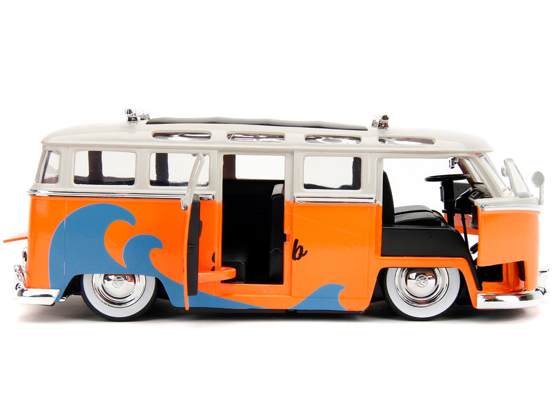 1962 Volkswagen Bus "Santa Monica Surf Club" Orange and White with Graphics with Roof Rack and Surfboard "Punch Buggy" Series 1/24 Diecast Model Car by Jada