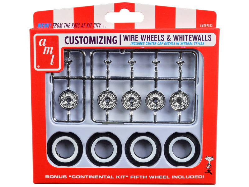 Skill 2 Model Kit Wire Wheels and Whitewall Tires Set of 5 Pieces for 1/25 Scale Models by AMT